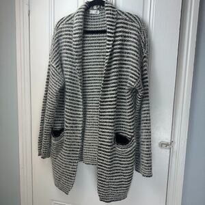 Q2 Open Cardigan Womens Medium White Black Striped Long Sleeve Cozy Warm